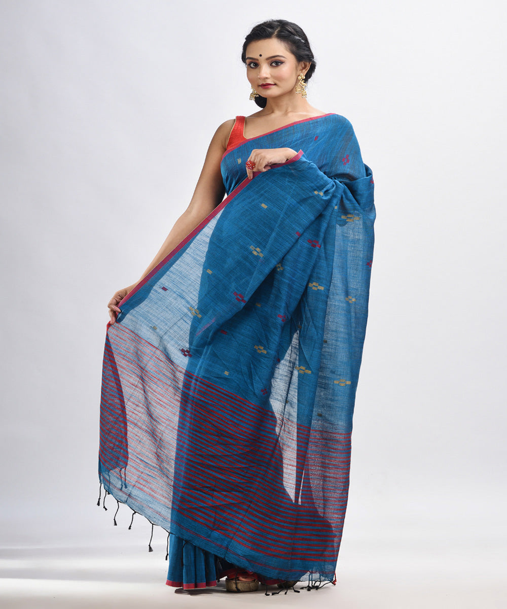 Turquoise handwoven cotton stipes pallu bengal saree