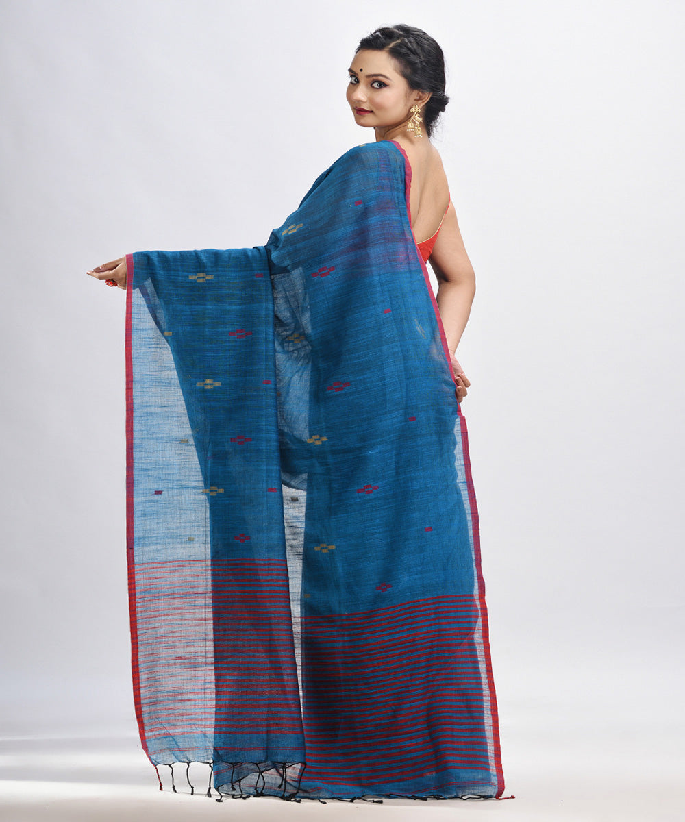 Turquoise handwoven cotton stipes pallu bengal saree