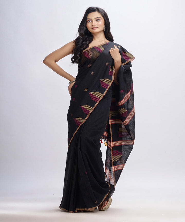 Black handwoven cotton bengal saree with temple broder