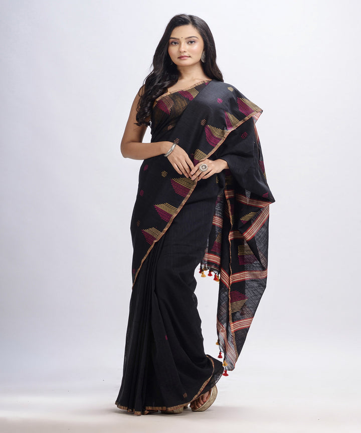 Black handwoven cotton bengal saree with temple broder