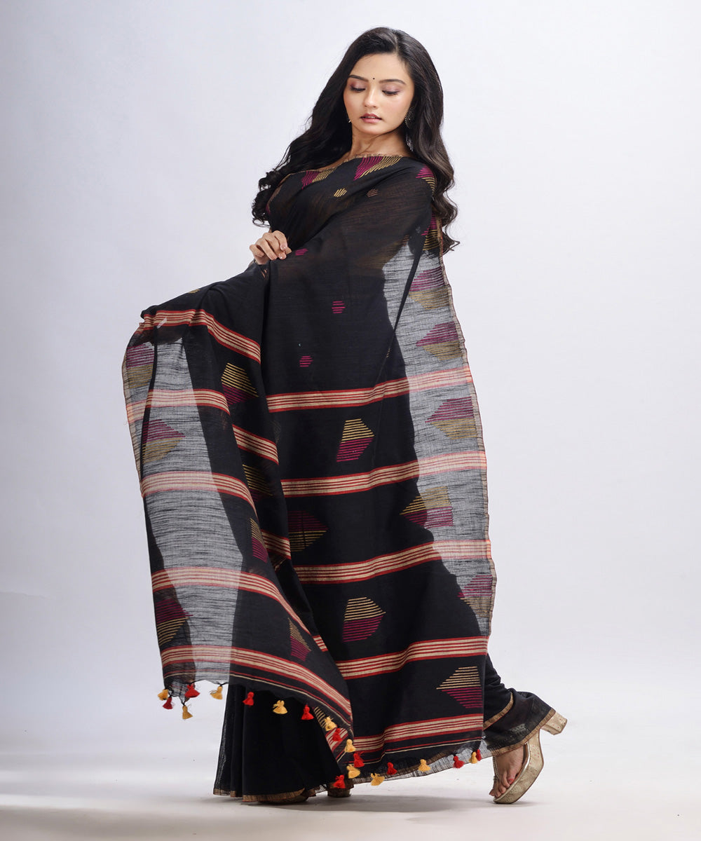 Black handwoven cotton bengal saree with temple broder