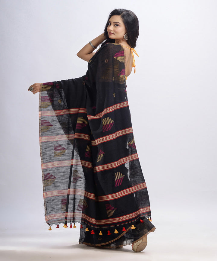 Black handwoven cotton bengal saree with temple broder