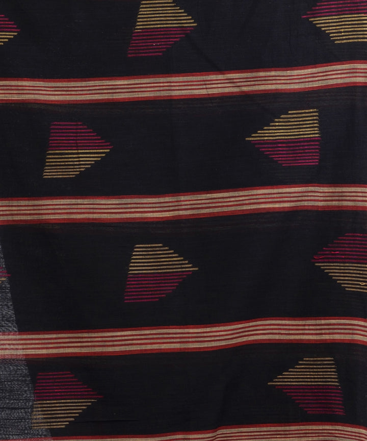 Black handwoven cotton bengal saree with temple broder