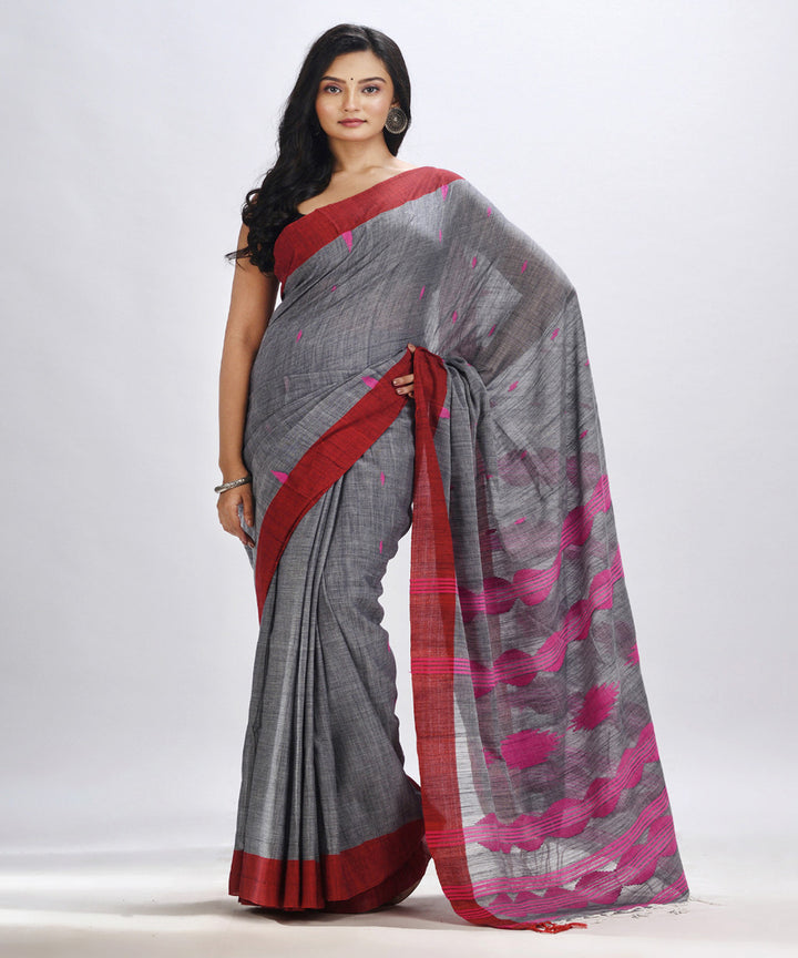 Grey red handwoven cotton bengal saree with temple broder