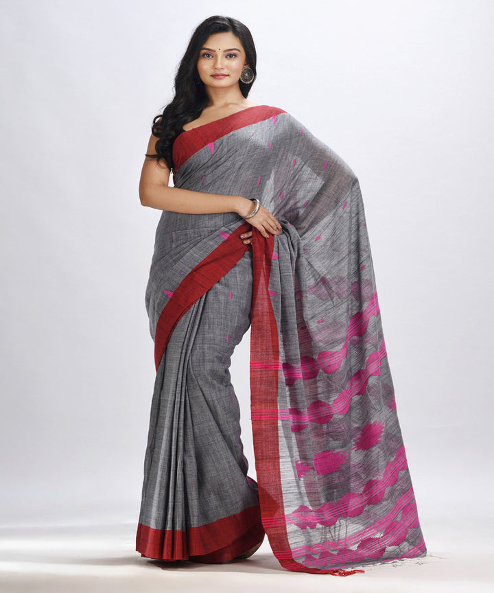 Grey red handwoven cotton bengal saree with temple broder