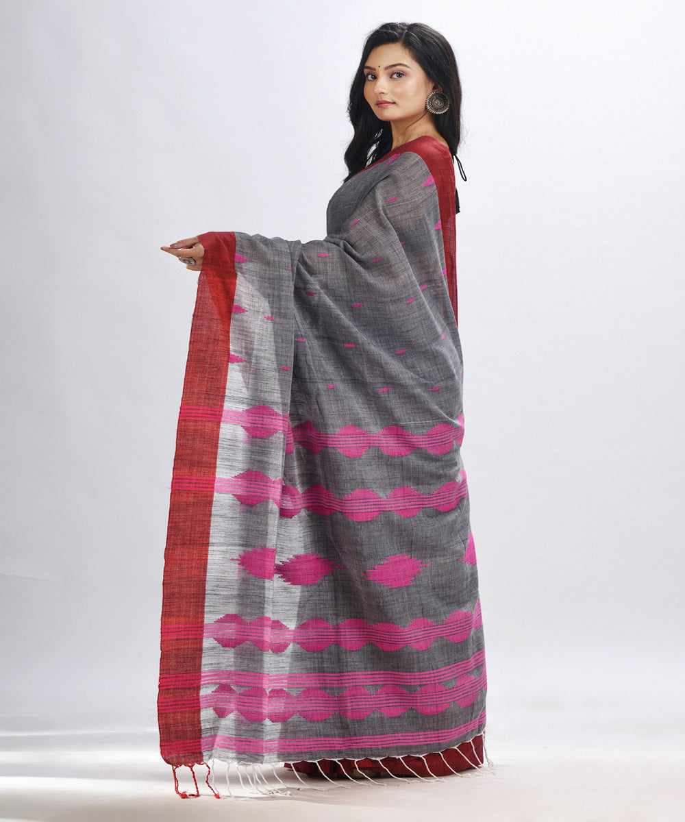 Grey red handwoven cotton bengal saree with temple broder