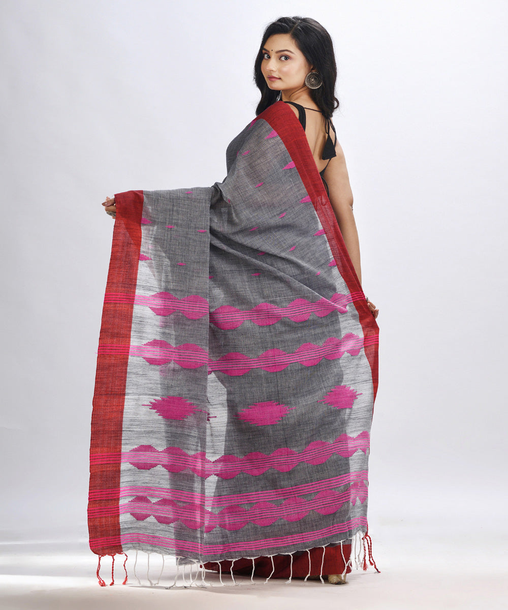 Grey red handwoven cotton bengal saree with temple broder