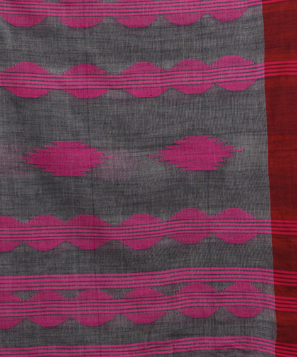 Grey red handwoven cotton bengal saree with temple broder