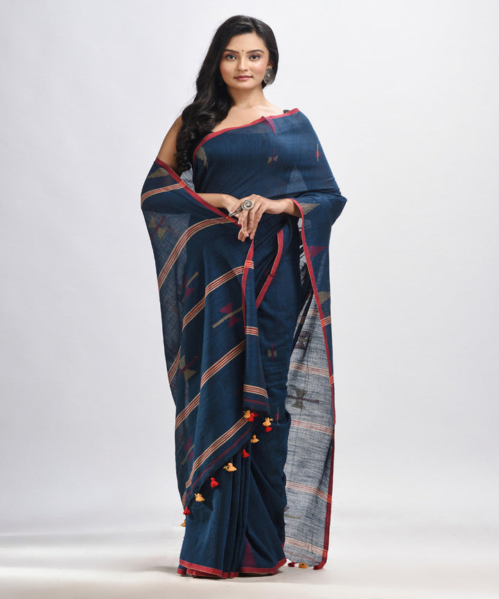 Dark blue handwoven cotton stipes pallu bengal saree