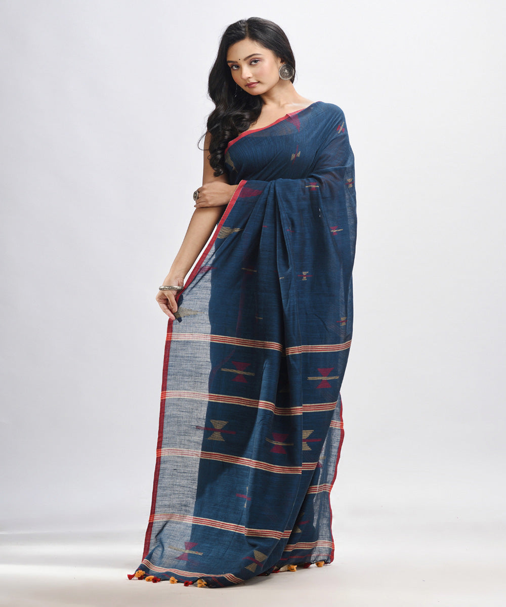 Dark blue handwoven cotton stipes pallu bengal saree