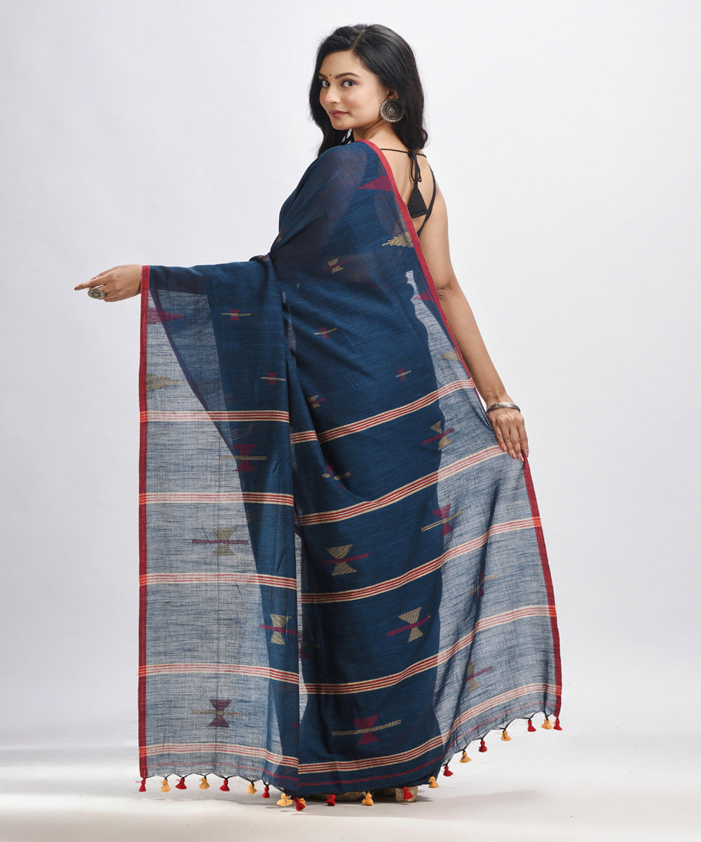 Dark blue handwoven cotton stipes pallu bengal saree
