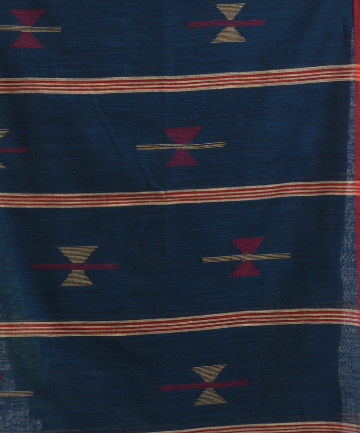 Dark blue handwoven cotton stipes pallu bengal saree