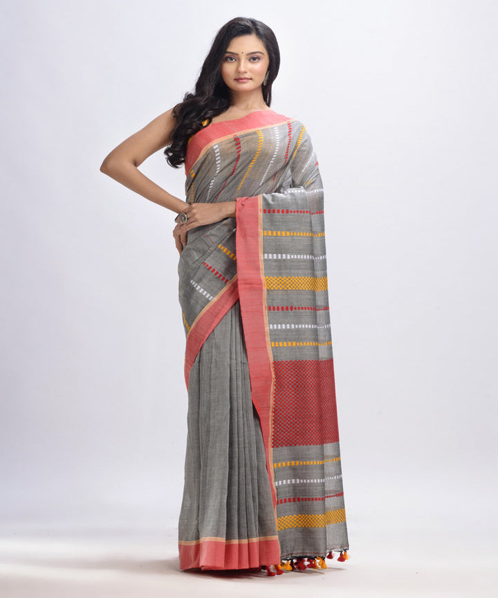 Light grey handwoven cotton bengal saree