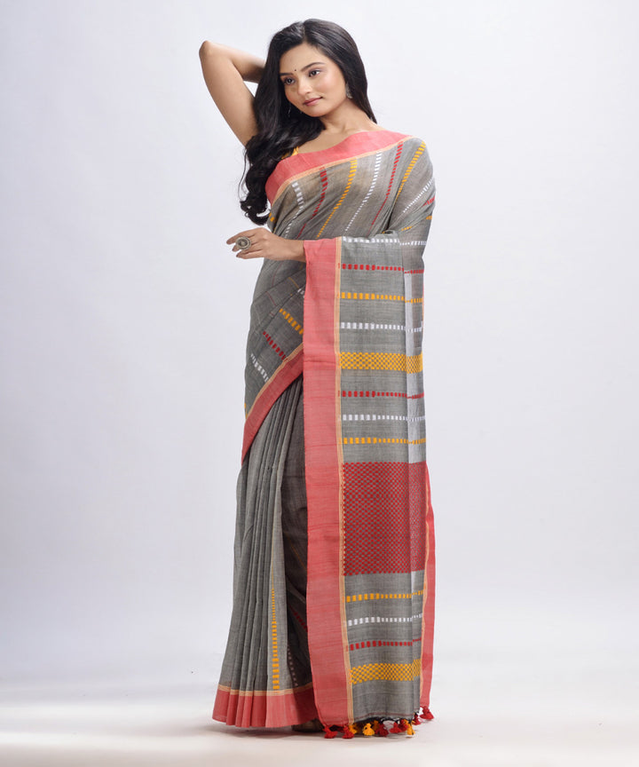 Light grey handwoven cotton bengal saree