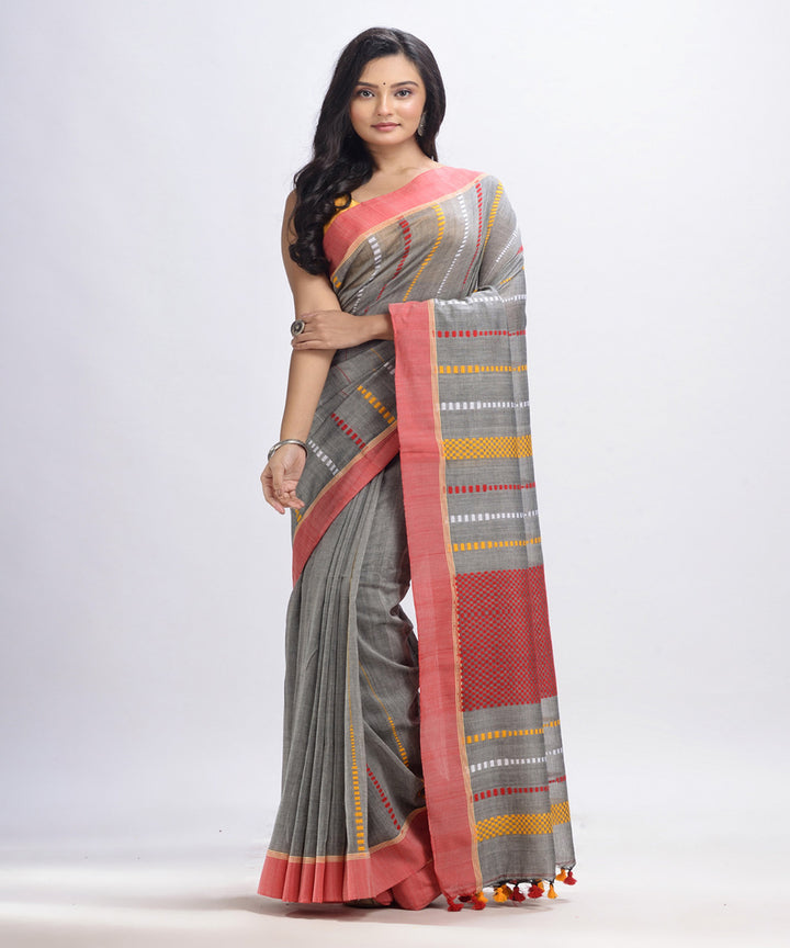 Light grey handwoven cotton bengal saree