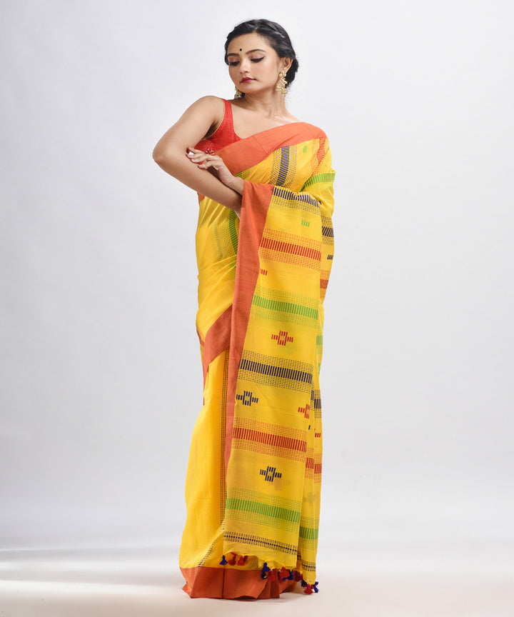 Yellow red handwoven cotton bengal saree