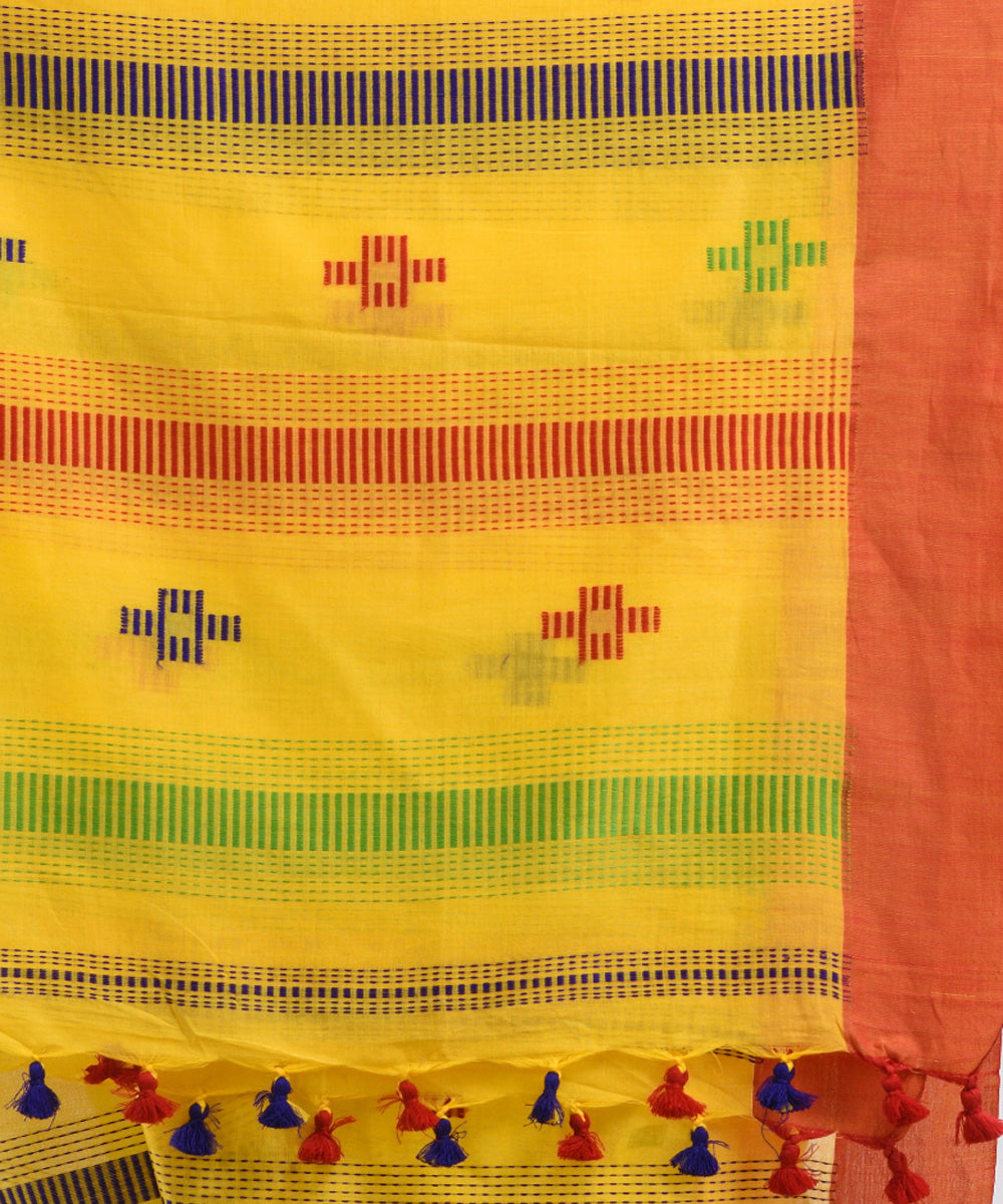 Yellow red handwoven cotton bengal saree