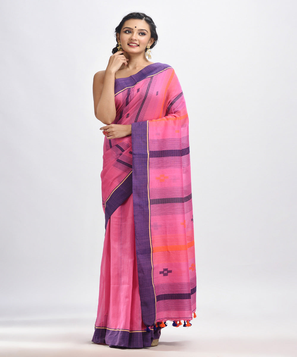 Pink blue handwoven cotton bengal saree