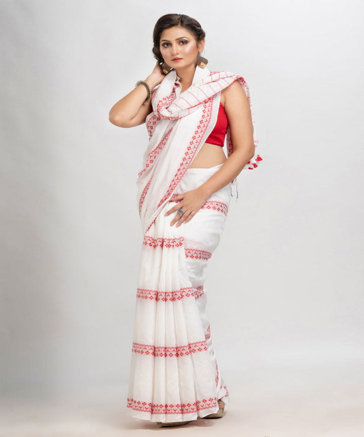 White red handloom stripes jacquard cotton saree