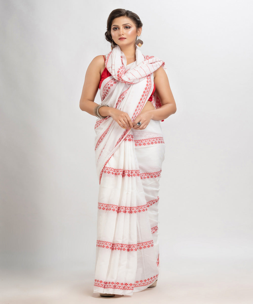 White red handloom stripes jacquard cotton saree