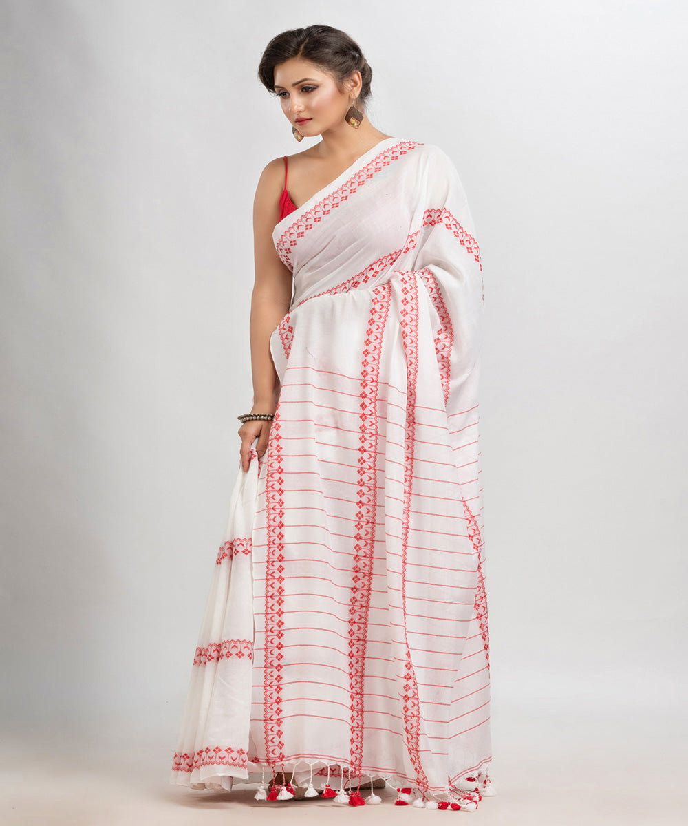 White red handloom stripes jacquard cotton saree