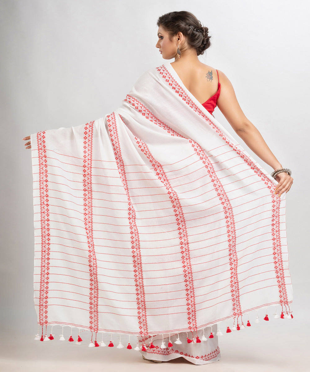 White red handloom stripes jacquard cotton saree