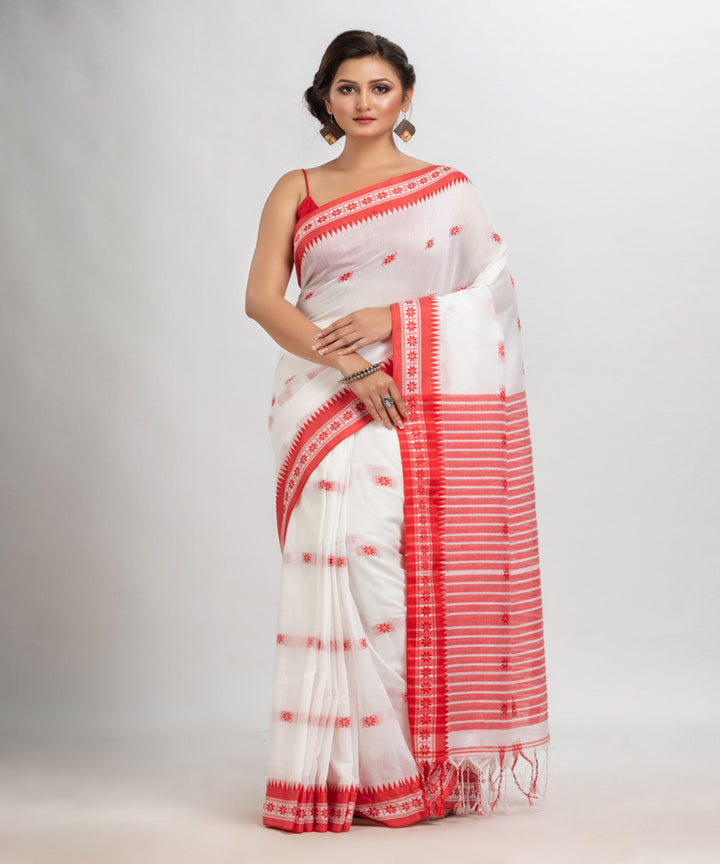 White red handloom cotton stripes jacquard saree