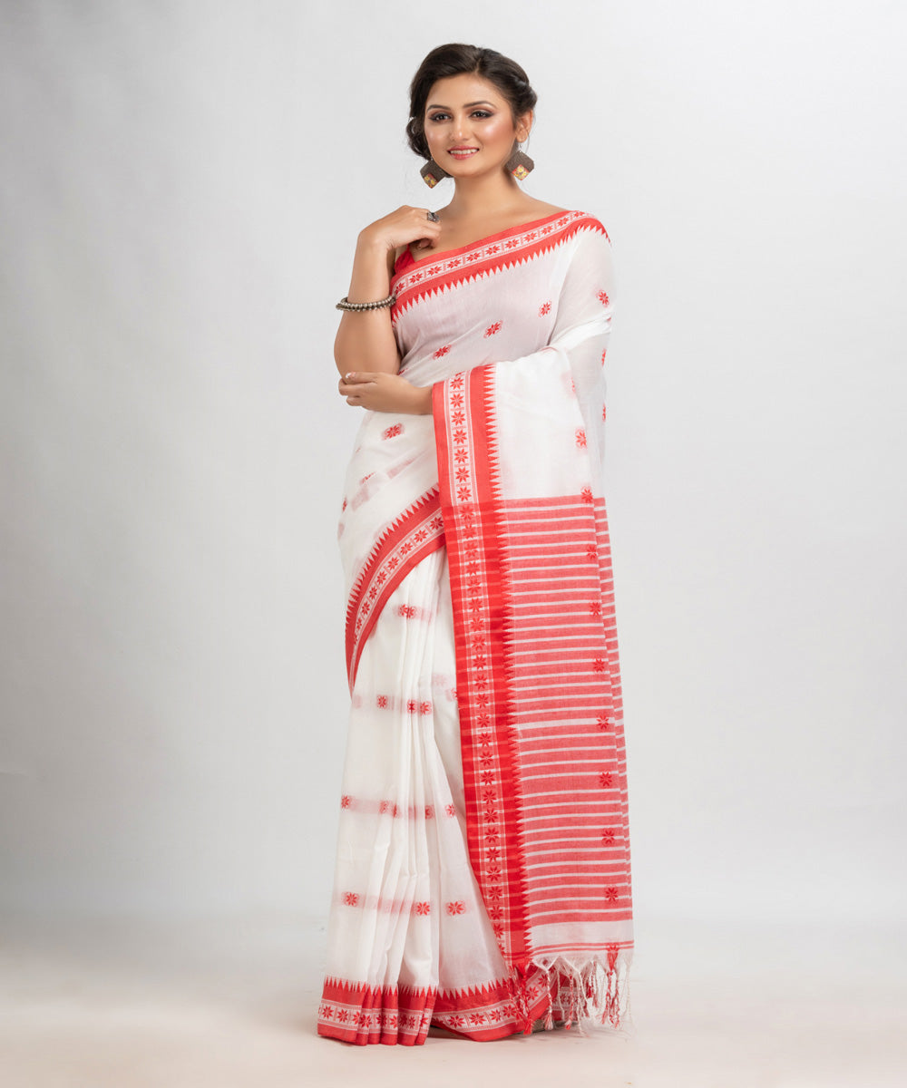White red handloom cotton stripes jacquard saree