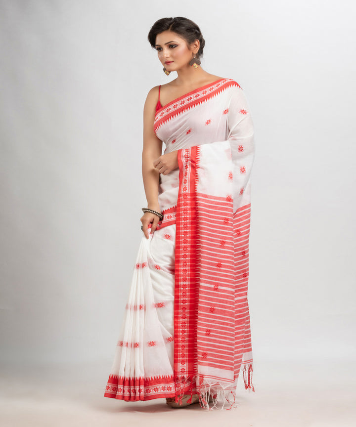 White red handloom cotton stripes jacquard saree