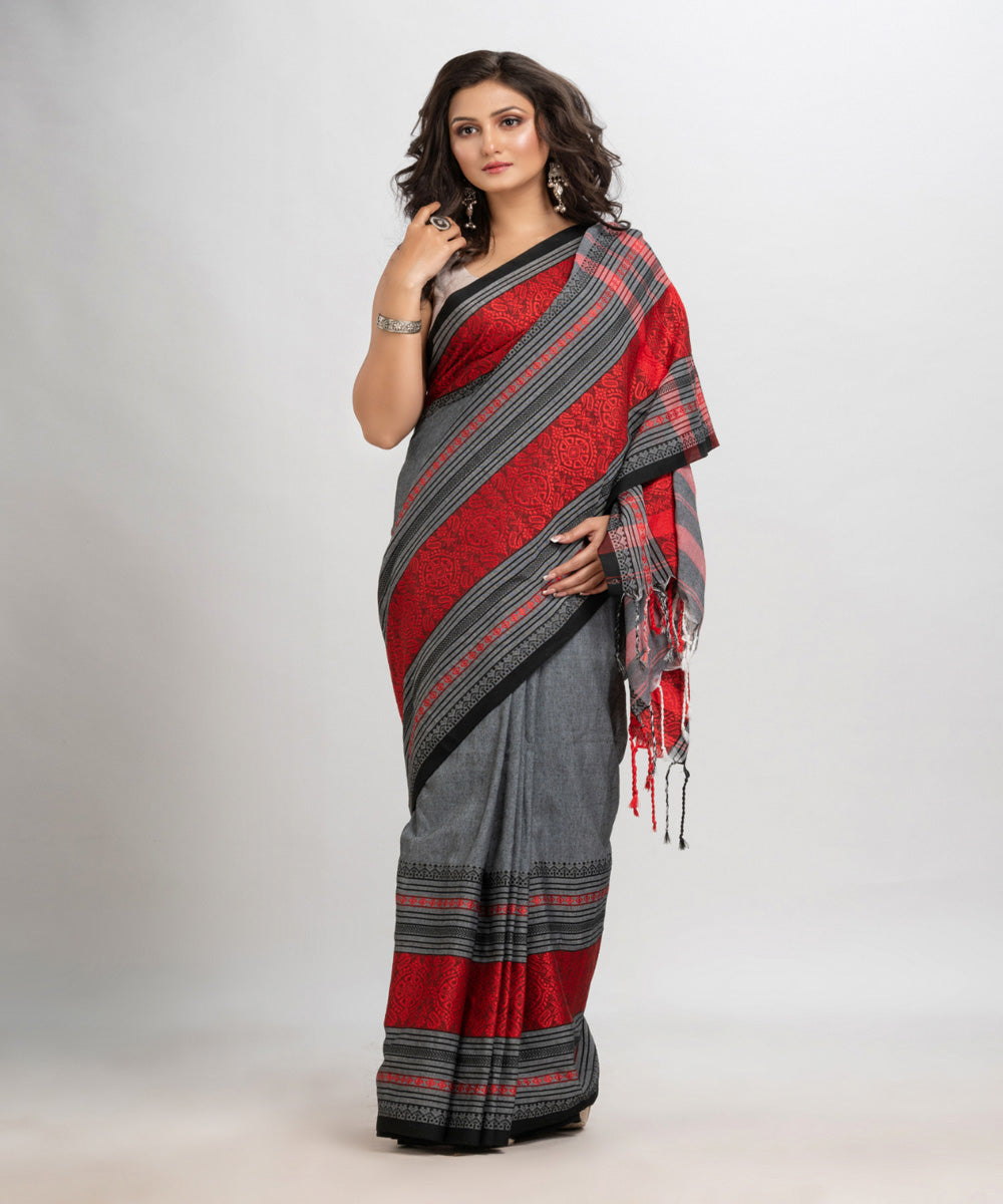 Grey red handloom begampuri cotton saree
