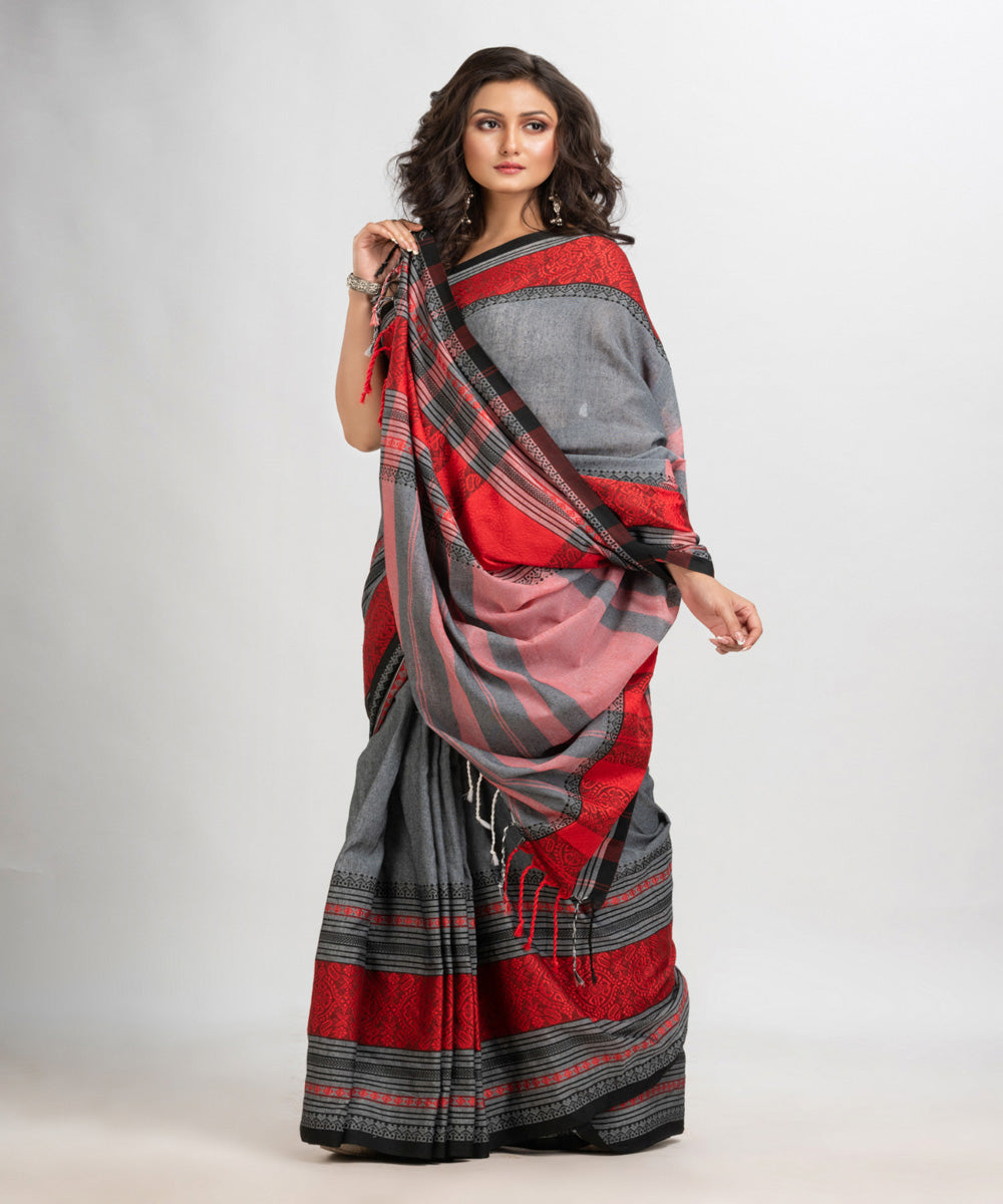 Grey red handloom begampuri cotton saree