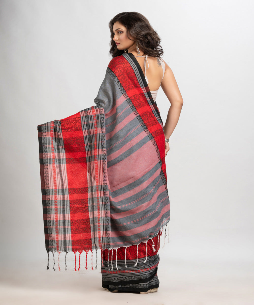 Grey red handloom begampuri cotton saree