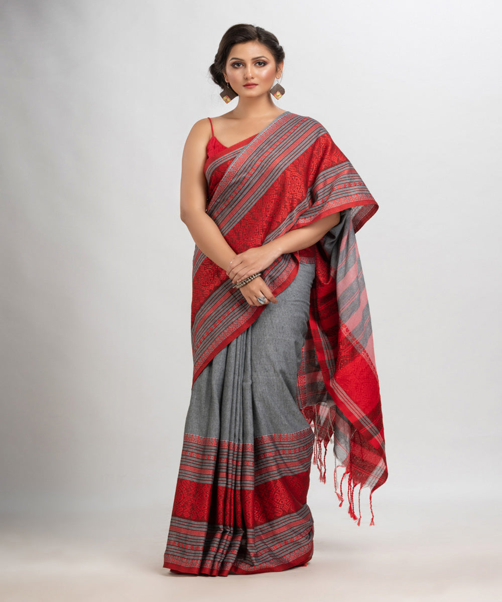 Light grey red handloom cotton begampuri saree