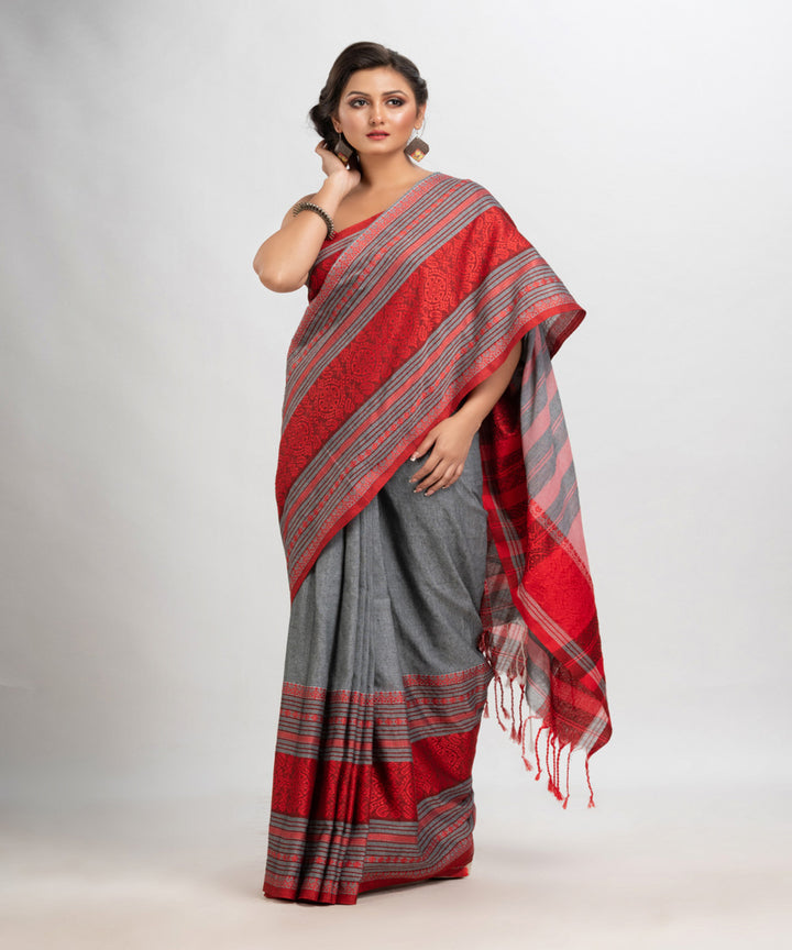 Light grey red handloom cotton begampuri saree