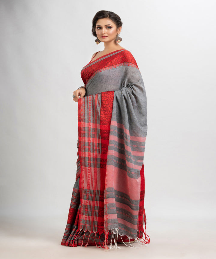 Light grey red handloom cotton begampuri saree
