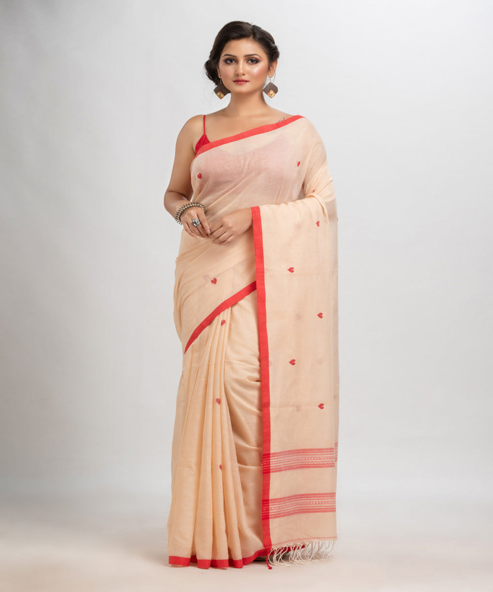 Cream red handloom cotton with jacquard border bengal saree