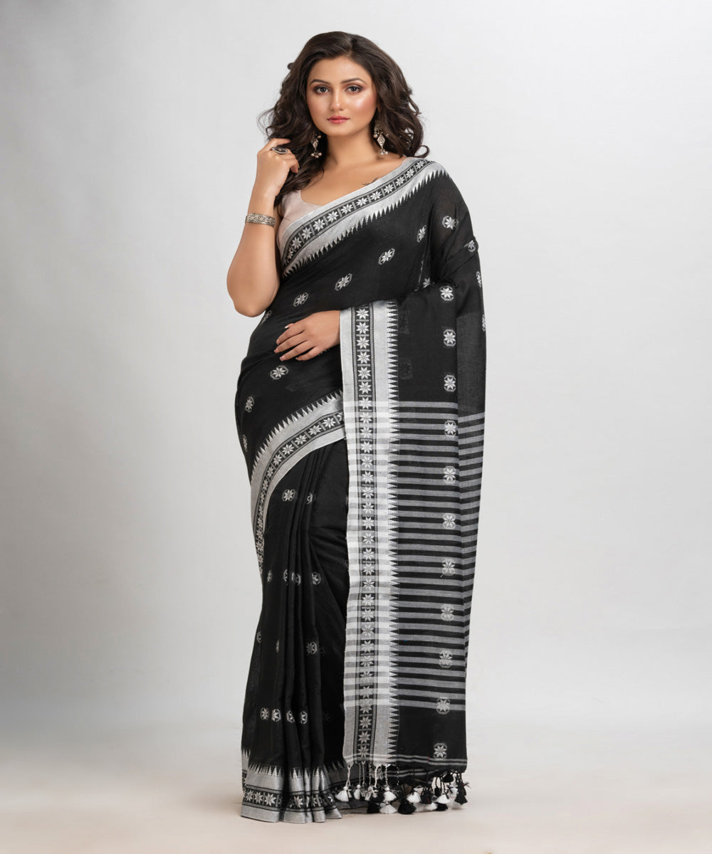 Black handloom cotton jacquard border with stripes pallu saree