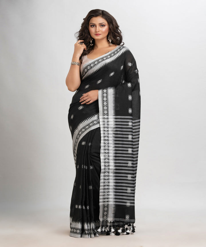 Black handloom cotton jacquard border with stripes pallu saree