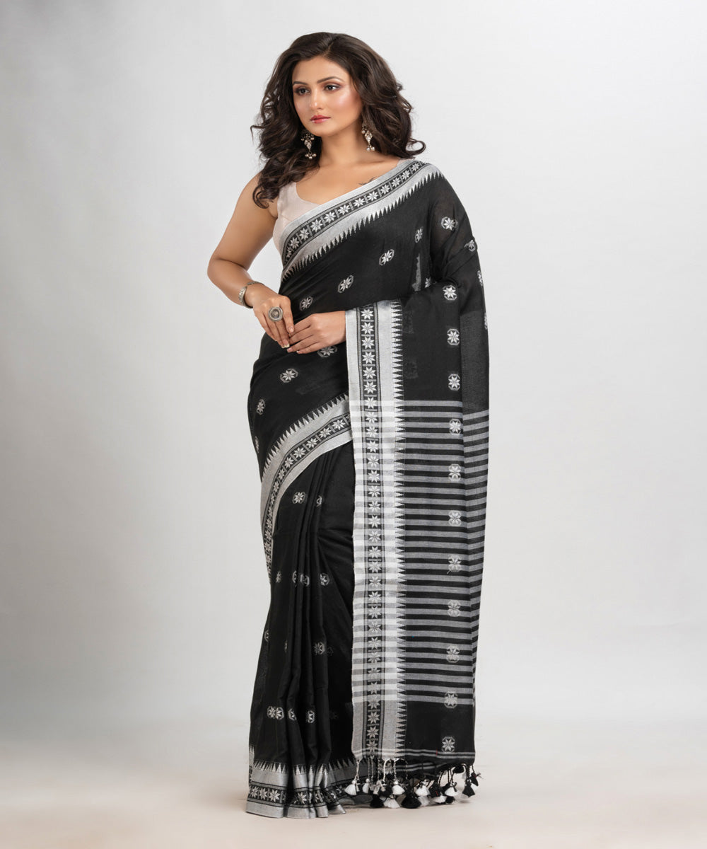 Black handloom cotton jacquard border with stripes pallu saree