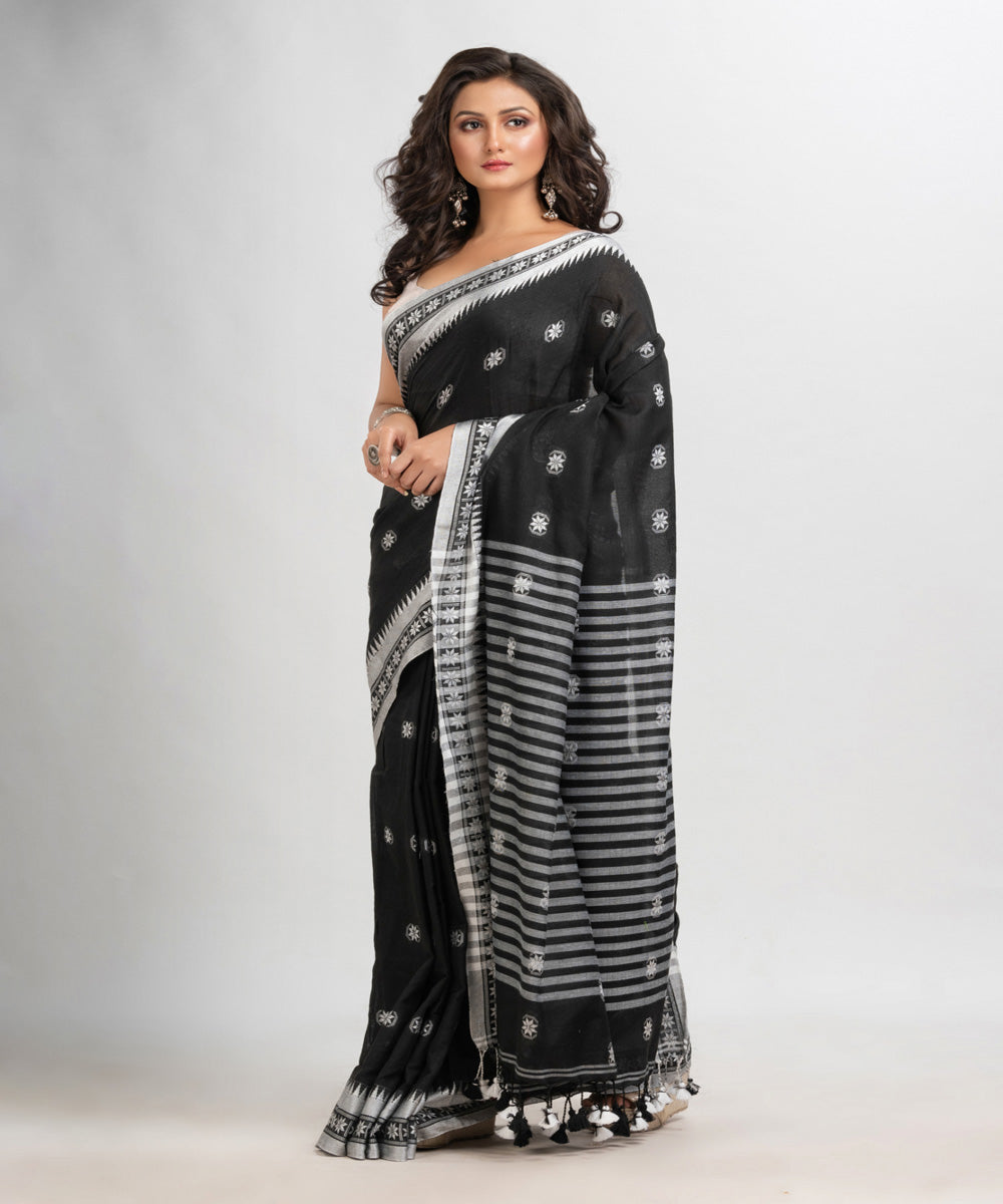 Black handloom cotton jacquard border with stripes pallu saree