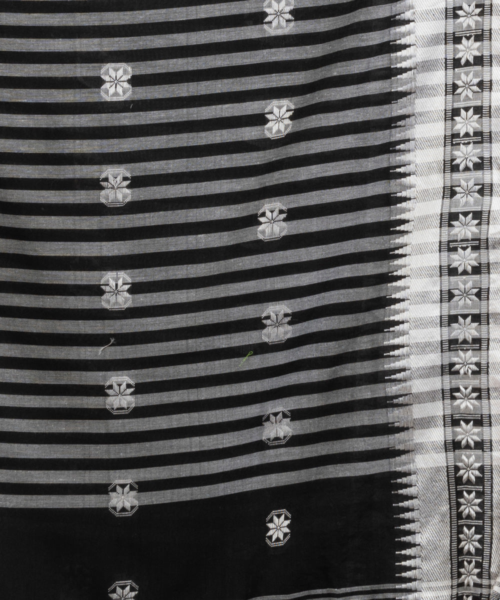 Black handloom cotton jacquard border with stripes pallu saree