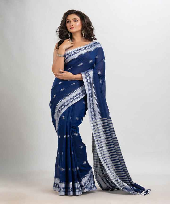 Indigo handloom cotton jacquard border with stripes pallu saree