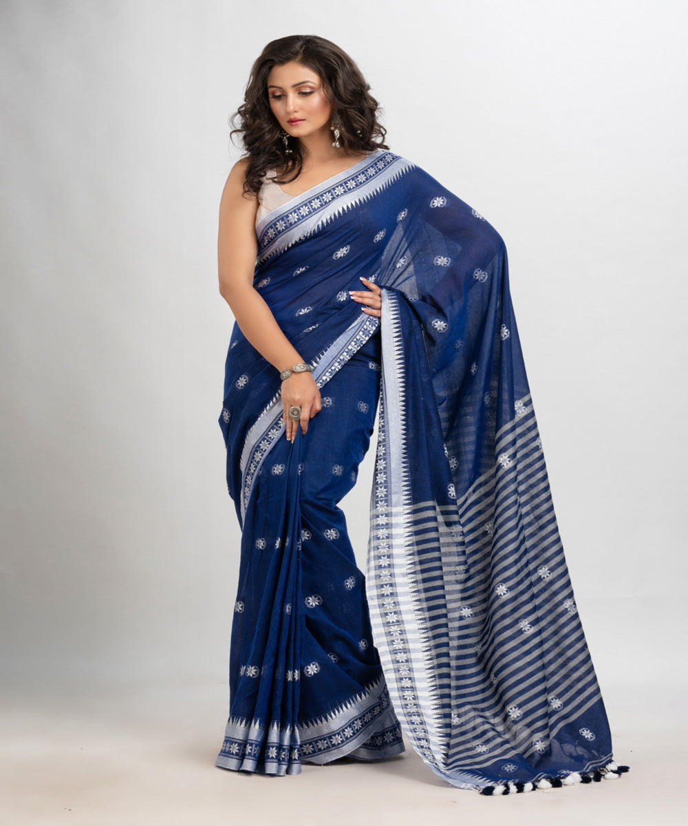 Indigo handloom cotton jacquard border with stripes pallu saree