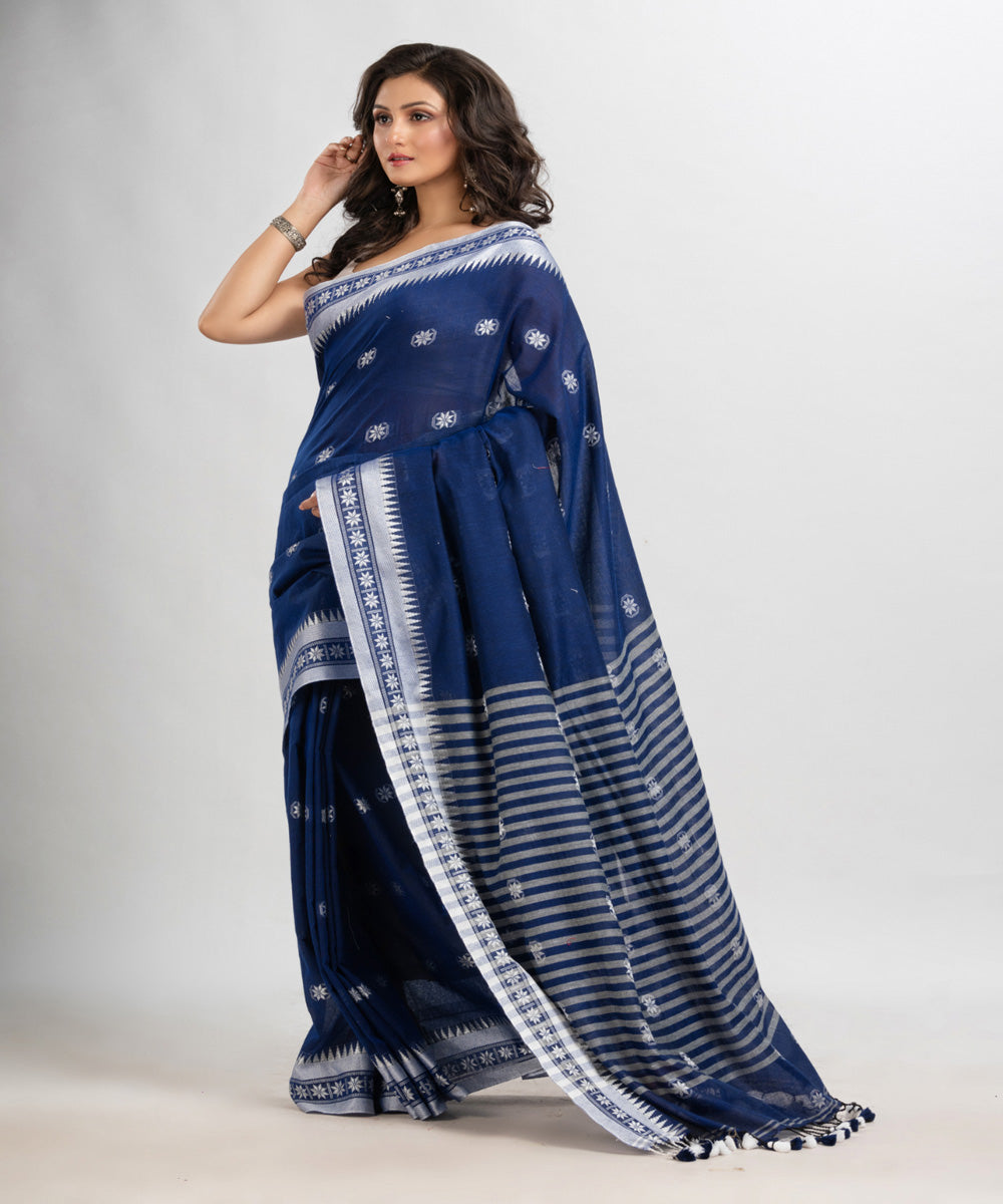 Indigo handloom cotton jacquard border with stripes pallu saree