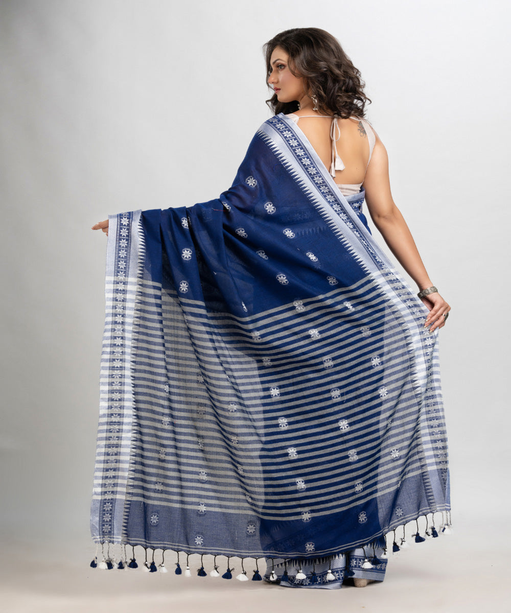 Indigo handloom cotton jacquard border with stripes pallu saree