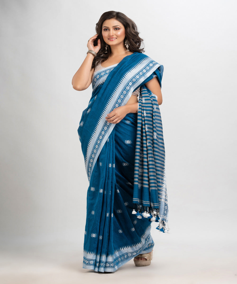Azure blue handloom cotton jacquard border with stripes pallu saree