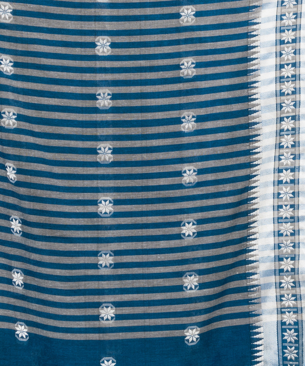 Azure blue handloom cotton jacquard border with stripes pallu saree
