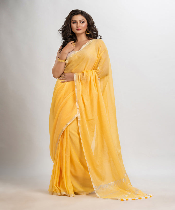 Light yellow handloom cotton jacquard border with stripes pallu saree