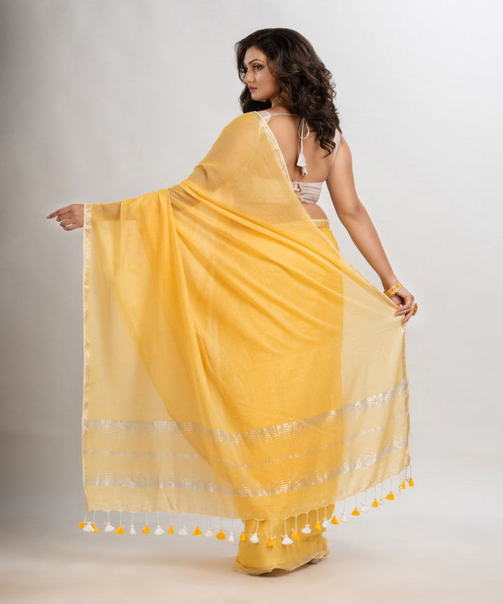 Light yellow handloom cotton jacquard border with stripes pallu saree