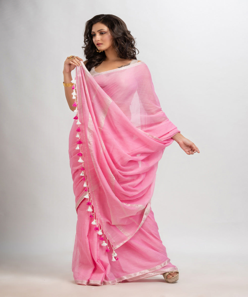 Pink handloom cotton jacquard border with stripes pallu saree